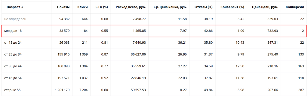 Возраст Директ отчет Возраст Директ отчет